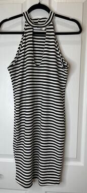 Order Plus Medium black white stripe midi dress sleeveless v-neck key hole front